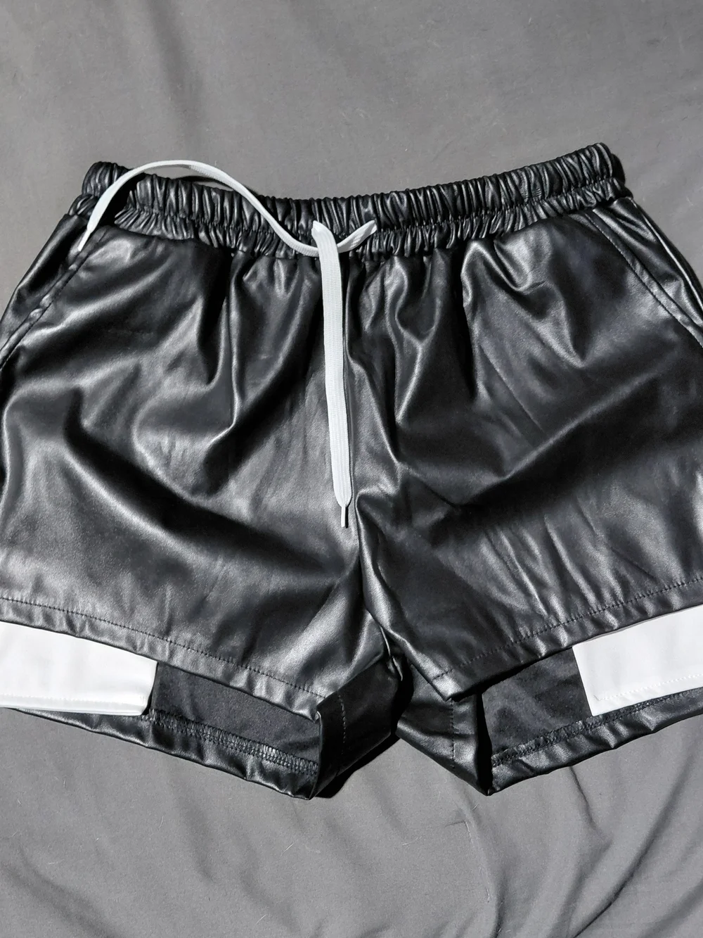 Black Faux Leather Athletic Shorts with White Trim